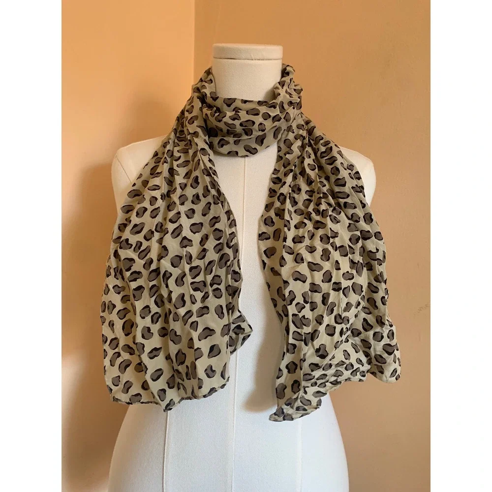Casca Scarfs Tan Leopard Print 100% Silk Scarf Made in Korea Hand Rolled Hem